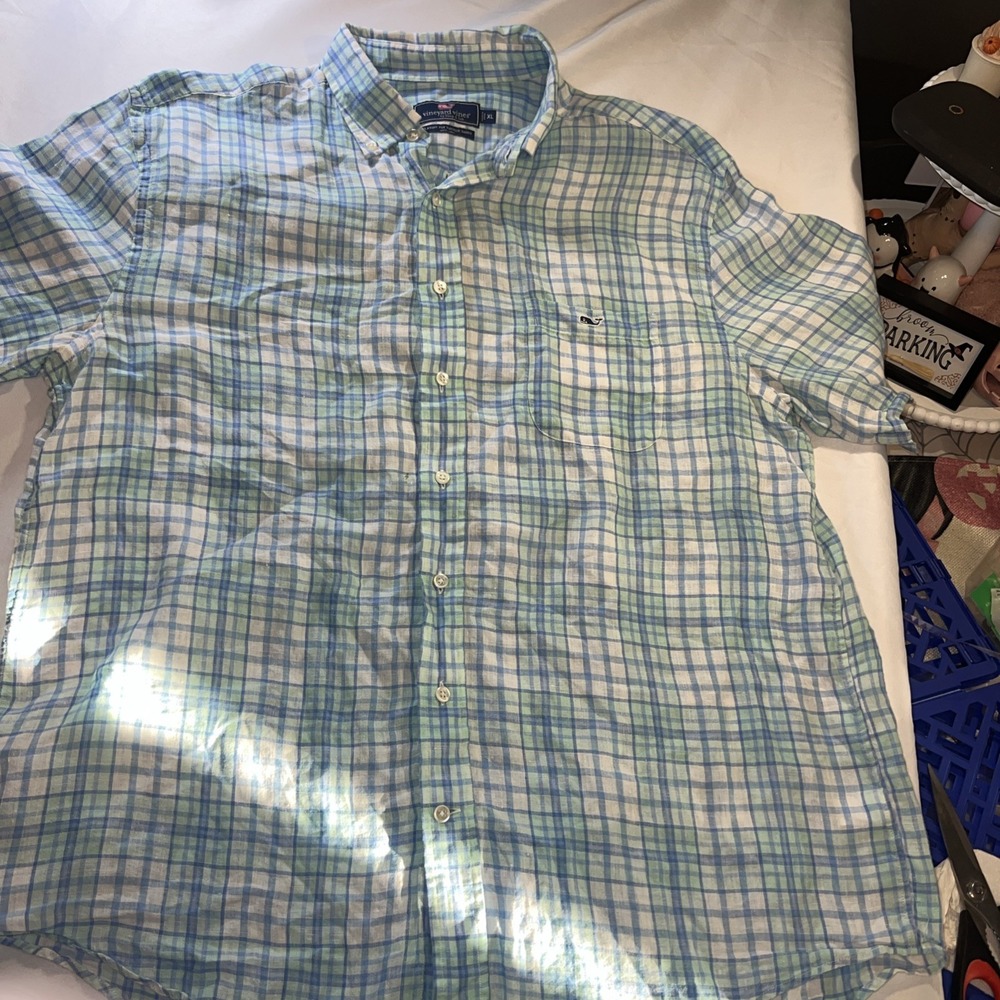 Vineyard Vines 100% Linen Shirt Men'sxlBlue Green‎ Plaid Button Short Sleev344